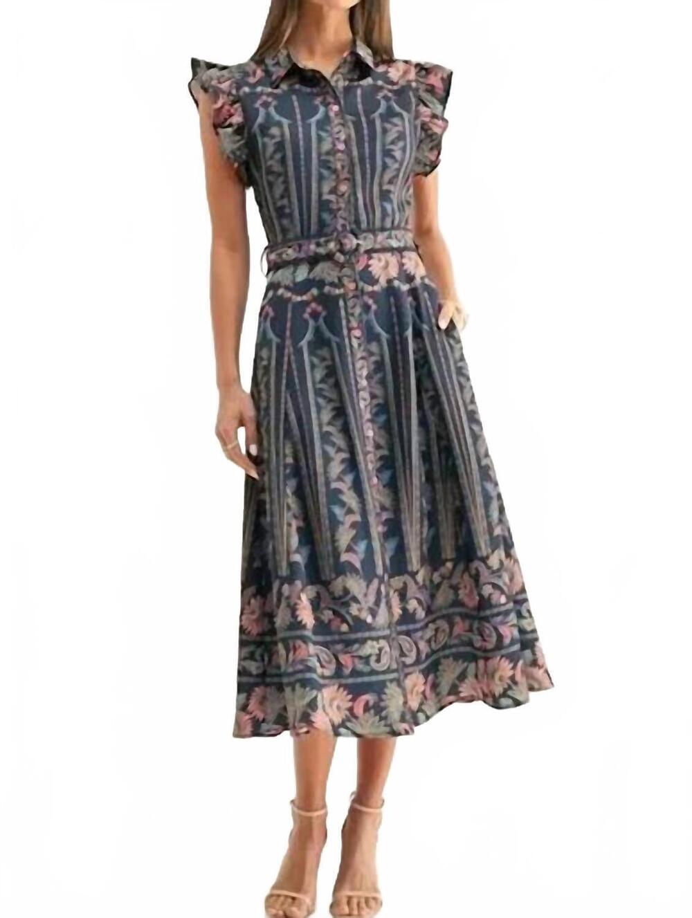 NEW ADELYN RAE karly ruffled midi dress in navy blue /floral